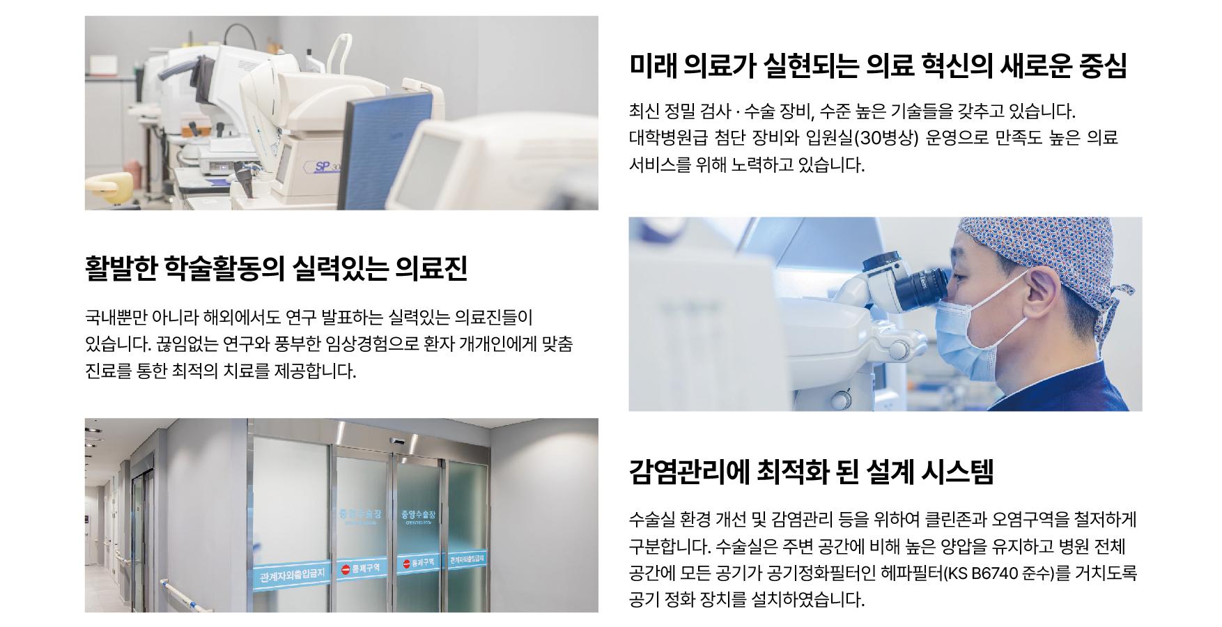 미래 의료가 실현되는 의료 혁신의 새로운 중심. 최신 정밀 검사&middot;수술 장비, 수준 높은 기술들을 갖추고 있습니다. 대학병원급 첨단 장비와 입원실(30병상) 운영으로 만족도 높은 의료 서비스를 위해 노력하고 있습니다. 활발한 학술활동의 실력있는 의료진. 국내뿐만 아니라 해외에서도 연구 발표하는 실력있는 의료진들이 있습니다. 끊임없는 연구와 풍부한 임상경험으로 환자 개개인에게 맞춤 진료를 통한 최적의 치료를 제공합니다. 감염관리에 최적화 된 설계 시스템. 수술실 환경 개선 및 감염관리 등을 위하여 클린존과 오염구역을 철저하게 구분합니다. 수술실은 주변 공간에 비해 높은 양압을 유지하고 병원 전체 공간에 모든 공기가 공기정화필터인 헤파필터(KS B6740 준수)를 거치도록 공기 정화 장치를 설치하였습니다.